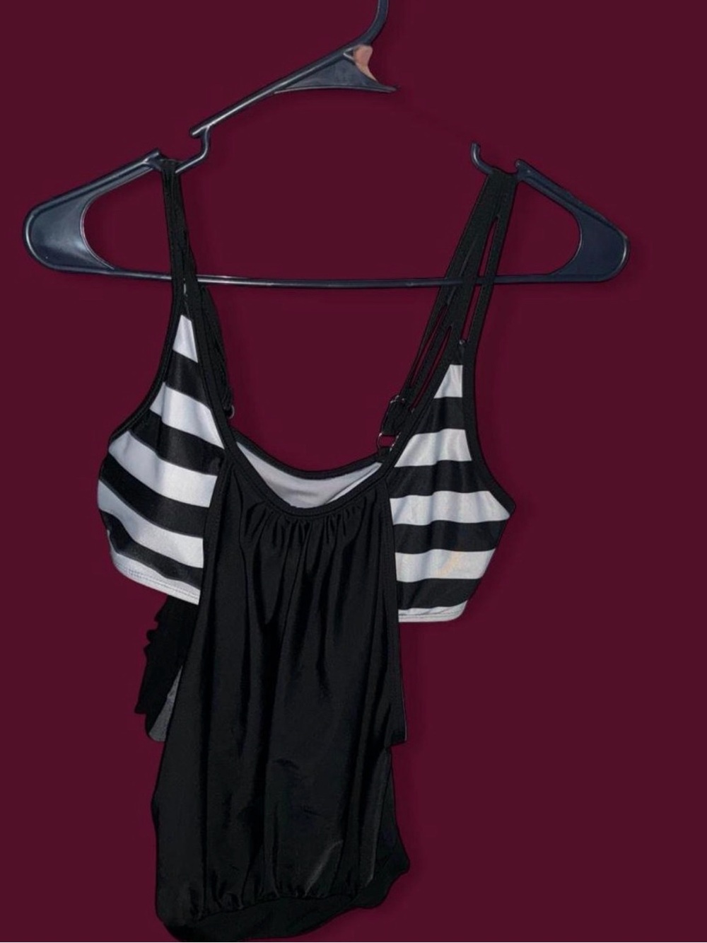 Source Unknown Black and White Striped Tankini Top with Overlay
